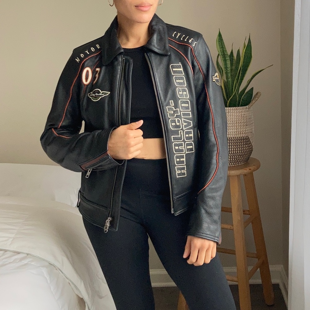 Harley-Davidson Black Leather Jacket with Orange Accents